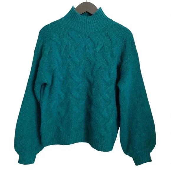 Nine West Teal Cable Knit Pullover Sweater Size XS Oversized Mock Turtle Neck - Picture 1 of 6
